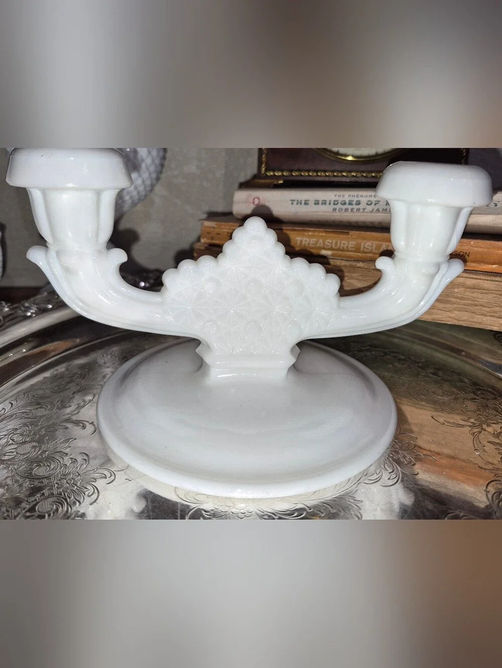 Vintage Fenton milk glass double candle holder in the Daisy and Button pattern